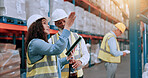Warehouse supervisor, team and tablet for storage, inventory planning and pointing for stock inspection. Shipping, engineer and people with technology for supply chain discussion, logistics and cargo