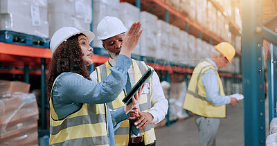Buy stock photo Warehouse supervisor, team and tablet for storage, inventory planning and pointing for stock inspection. Shipping, engineer and people with technology for supply chain discussion, logistics and cargo