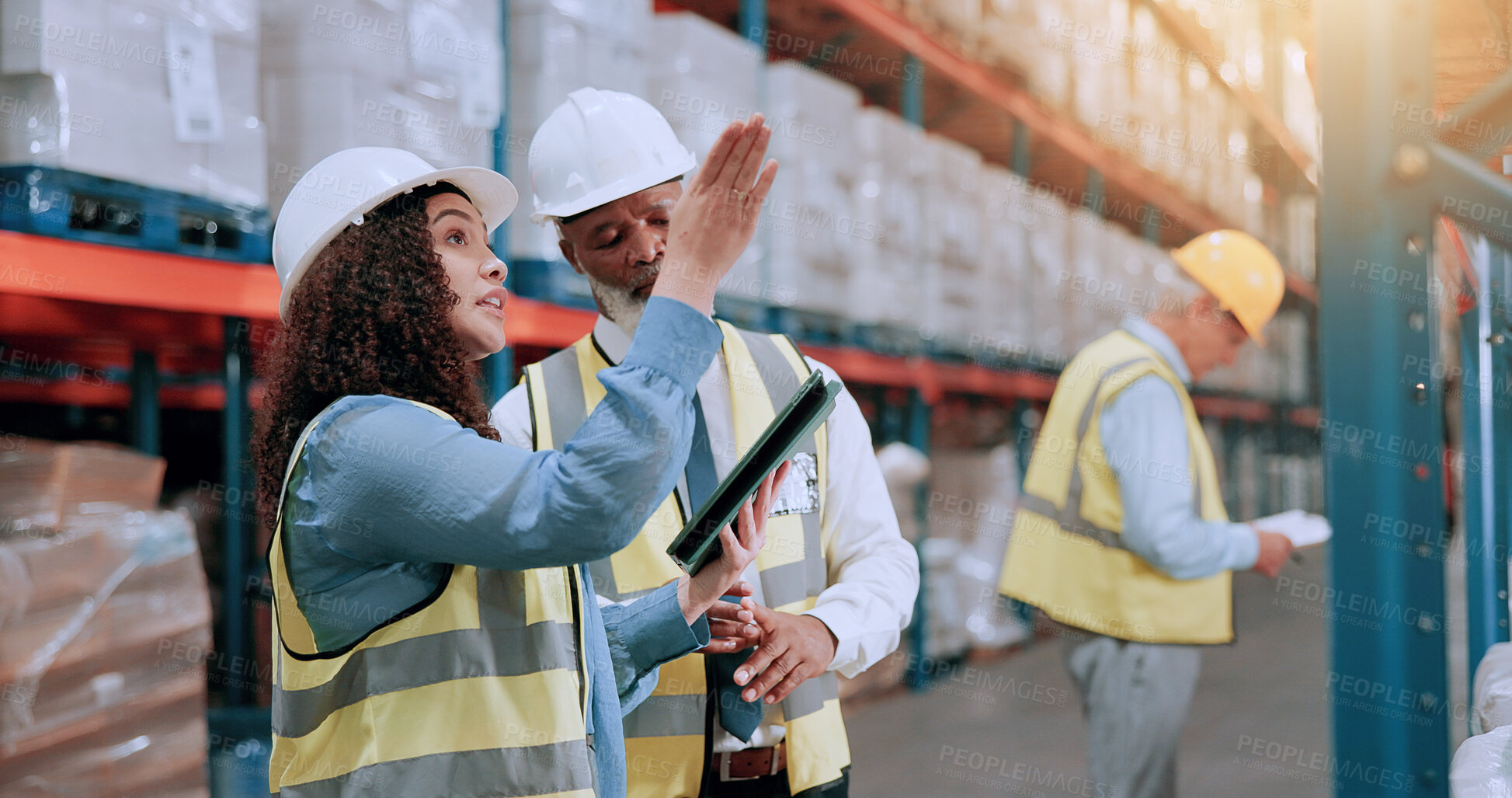 Buy stock photo Warehouse supervisor, team and tablet for storage, inventory planning and pointing for stock inspection. Shipping, engineer and people with technology for supply chain discussion, logistics and cargo