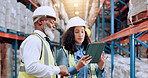 Warehouse, team and tablet for distribution, planning storage or stock management with supervisor. Shipping, engineer or people with technology for discussion, inventory or logistics for supply chain