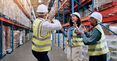 Buy stock photo Man, group and dancing for logistics at warehouse, smile and success with motivation, team and support. People, mentor and women with applause, celebration and goal for supply chain at storage plant