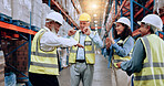 Man, group and dancing for supply chain, warehouse or smile for success with motivation, team or support. People, mentor and women with applause, celebration or goal for supply chain at storage plant