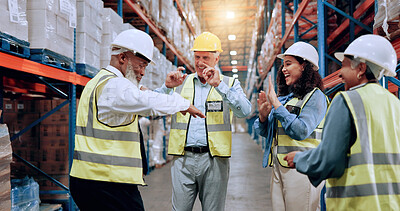 Buy stock photo Man, group and dancing for supply chain, warehouse or smile for success with motivation, team or support. People, mentor and women with applause, celebration or goal for supply chain at storage plant