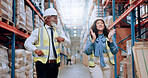 Man, woman and dancing for logistics at warehouse, smile and success with motivation, team and support. People, mentor and happy with cheers, celebration and goal for supply chain at storage plant