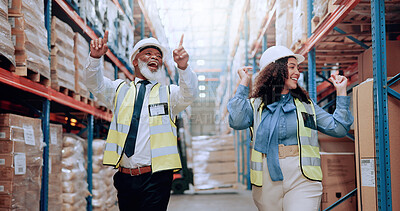 Buy stock photo Man, woman and dancing with storage at warehouse, smile and success with motivation, team and support. People, mentor and happy with cheers, celebration and goals for supply chain at logistics plant