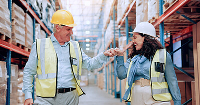 Buy stock photo Man, woman and fist bump for logistics at warehouse, smile and success with motivation, team and support. People, mentor and happy with respect, celebration and goal for supply chain at storage plant