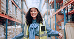 Warehouse, happy and portrait of woman in logistics inventory checking boxes, shelf and stock management. Distribution, smile and plant worker in cargo storage for global export with supply chain