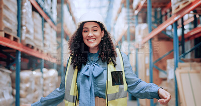 Buy stock photo Warehouse, happy and portrait of woman in logistics inventory checking boxes, shelf and stock management. Distribution, smile and plant worker in cargo storage for global export with supply chain