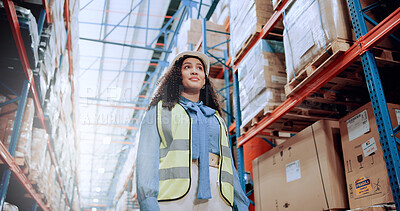 Buy stock photo Woman, smile and logistics by shelf at warehouse with thinking, perspective and low angle for supply chain. Person, inventory and happy with storage, shipping and job with boxes at industrial plant