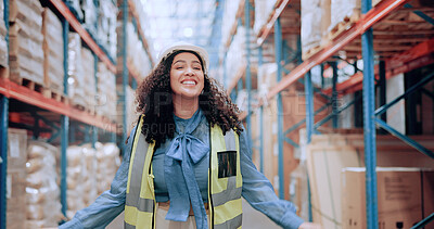 Buy stock photo Warehouse, smile and portrait of woman in shipping inventory with boxes, shelf and stock management. Distribution, happy and plant worker in cargo storage for global export with supply chain business