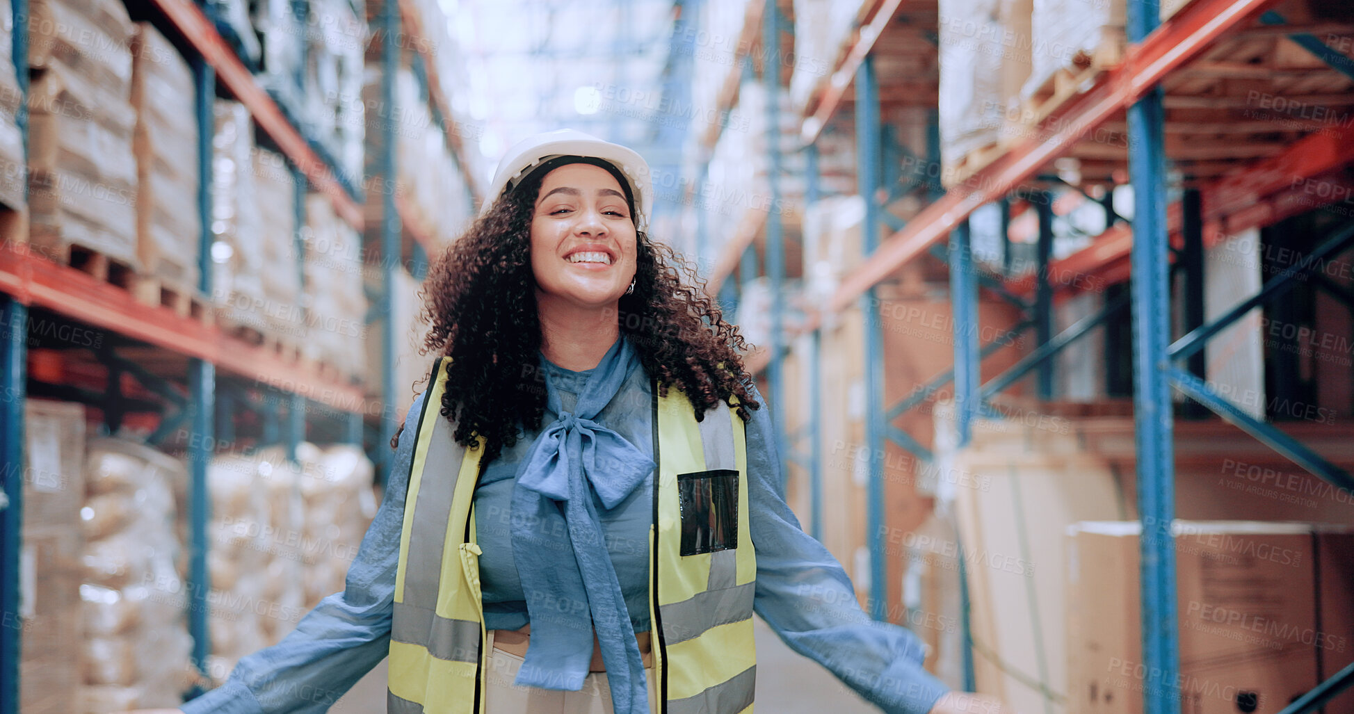 Buy stock photo Warehouse, smile and portrait of woman in shipping inventory with boxes, shelf and stock management. Distribution, happy and plant worker in cargo storage for global export with supply chain business