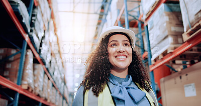 Buy stock photo Smile, walking and logistics with woman in warehouse for shipping cargo, delivery and safety manager. Supply chain, distribution center and freight storage with person in factory for courier