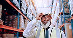 Warehouse, engineer and portrait of man in shipping inventory with boxes, shelf and stock management. Distribution, plant and mature worker in cargo storage for global export in supply chain business