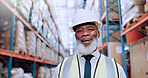 Warehouse, smile and portrait of black man in shipping inventory for boxes, shelf or stock management. Distribution, plant or mature worker in cargo storage for global export in supply chain business