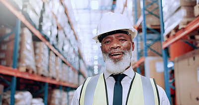 Buy stock photo Warehouse, smile and portrait of black man in shipping inventory for boxes, shelf or stock management. Distribution, plant or mature worker in cargo storage for global export in supply chain business