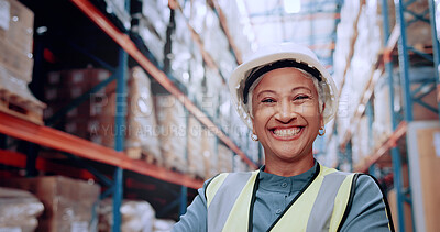 Buy stock photo Warehouse, smile and portrait of woman in shipping inventory with boxes, shelf or stock management. Distribution, plant or mature worker in cargo storage for global export in supply chain business