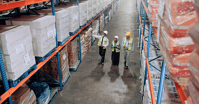 Buy stock photo Team, warehouse and management walking for logistics, stock inventory or inspection by shelves. Above industrial employees, mature people and supply chain with safety, depot or wholesale storage