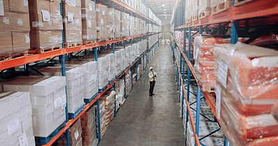 Buy stock photo Warehouse, manager and mature person for logistics, stock inventory or inspection by shelves. Above industrial employee, distribution and supply chain with notes, wholesale checklist or clipboard