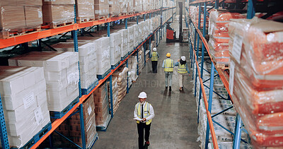 Buy stock photo Warehouse, management and people walking for logistics, stock inventory or inspection by shelves. Above industrial employees, distribution and supply chain with safety, depot or wholesale storage