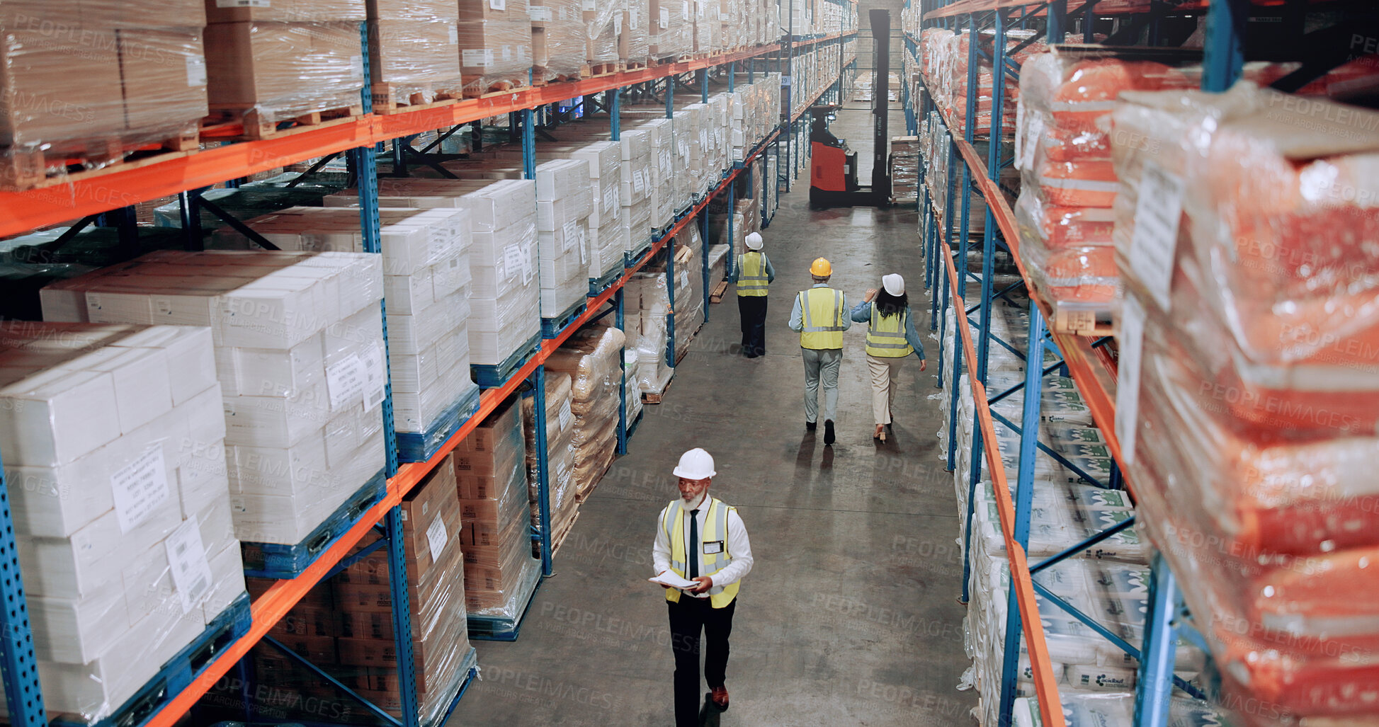 Buy stock photo Warehouse, management and people walking for logistics, stock inventory or inspection by shelves. Above industrial employees, distribution and supply chain with safety, depot or wholesale storage