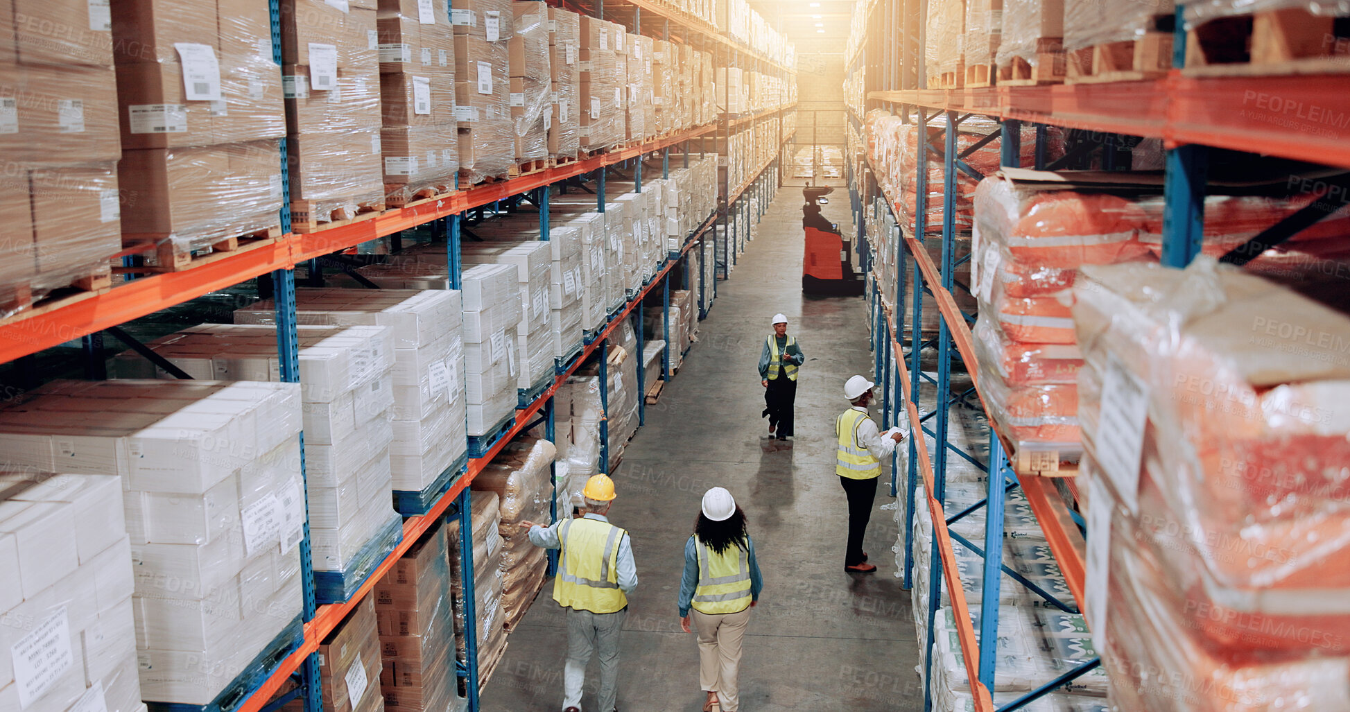 Buy stock photo Supplier, warehouse and employees walking for logistics, stock inventory or inspection by shelves. Above of industrial people, distribution and supply chain with safety, depot or wholesale storage