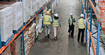 Employees, distribution warehouse and supplier stock for logistics, inventory or inspection by shelves. Above industrial people, walking and supply chain with safety, busy depot or wholesale storage