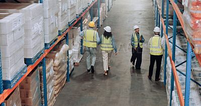 Buy stock photo Employees, distribution warehouse and supplier stock for logistics, inventory or inspection by shelves. Above industrial people, walking and supply chain with safety, busy depot or wholesale storage