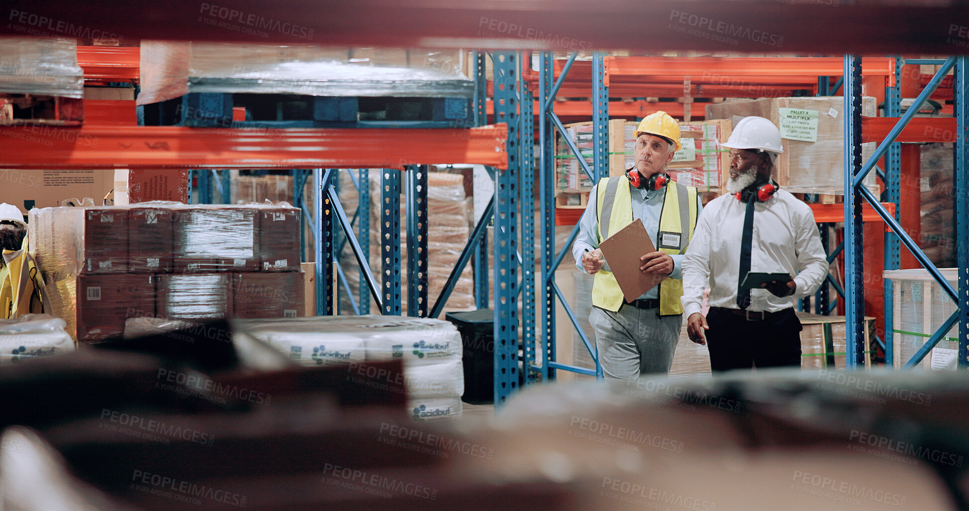 Buy stock photo Warehouse, management and team walking for logistics, stock inventory or inspection by shelves. Industrial employees, distribution and mature men with online database, checklist and wholesale storage