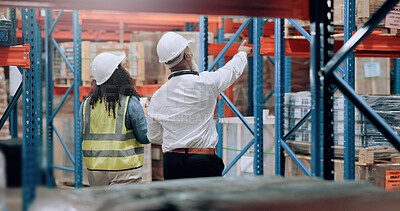 Buy stock photo Warehouse, man and woman walking for logistics, stock inventory or inspection by shelves. Industrial employees, distribution and back of people for shipping cargo, wholesale storage or factory
