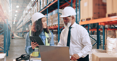 Buy stock photo People, tablet or laptop at warehouse with logistics, meeting or discussion with supply chain management. Woman, mentor or talk with review, tech or planning for inventory at industrial storage plant