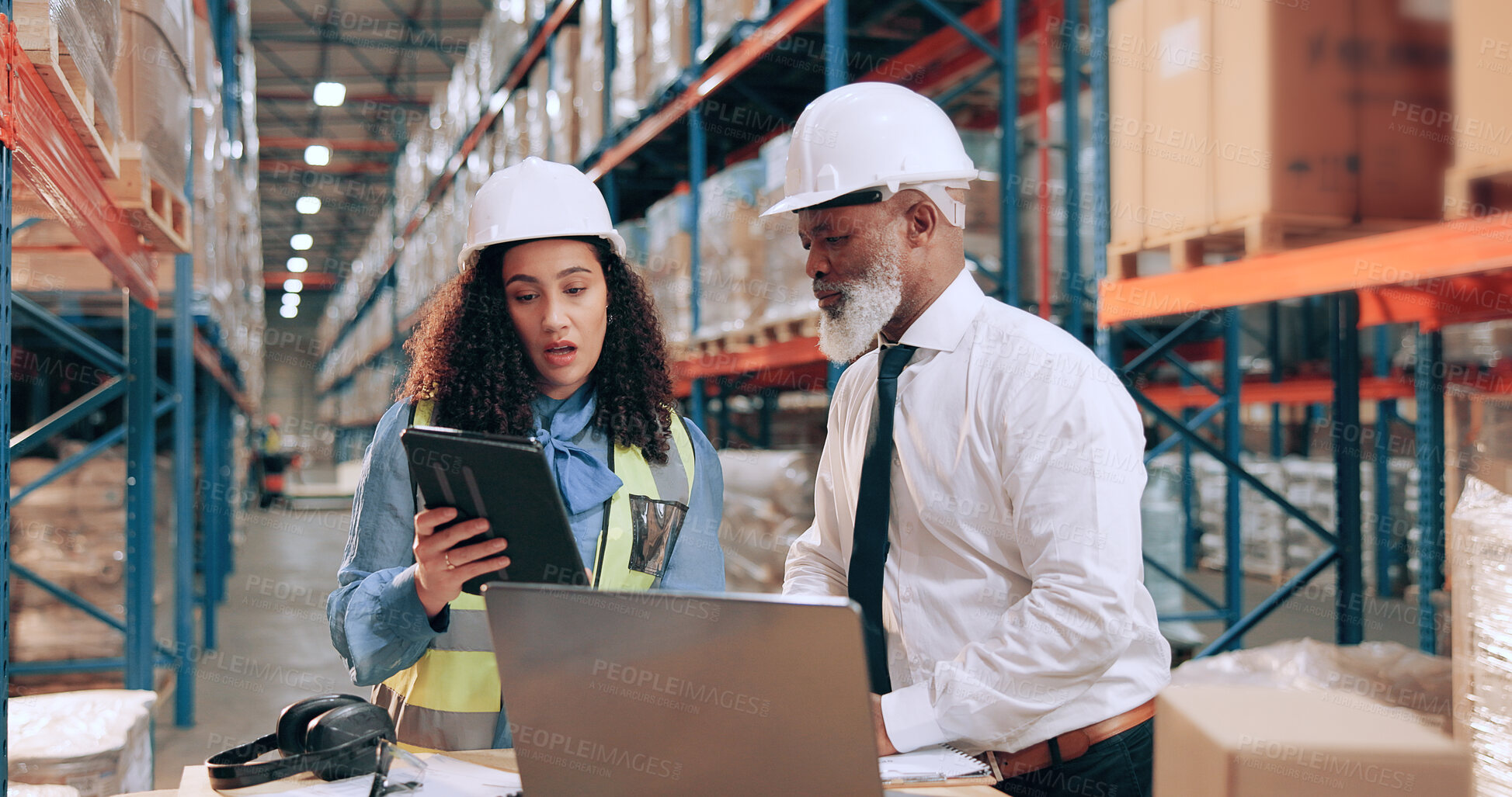 Buy stock photo Man, woman and tablet at warehouse with logistics, laptop and discussion with supply chain management. People, mentor and talk with review, stats or planning for inventory at industrial storage plant