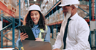 Buy stock photo Distribution, supply chain and people in warehouse, tablet and online schedule for shipping. Employees, smile and meeting with safety, connection and laptop for email, inventory and quality assurance