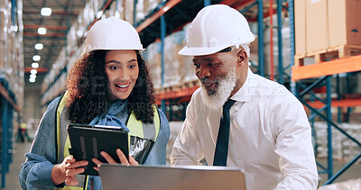Buy stock photo Man, woman and tablet at warehouse with laptop, logistics or discussion for supply chain management. People, mentor and happy with review, tech or planning for inventory at industrial storage plant