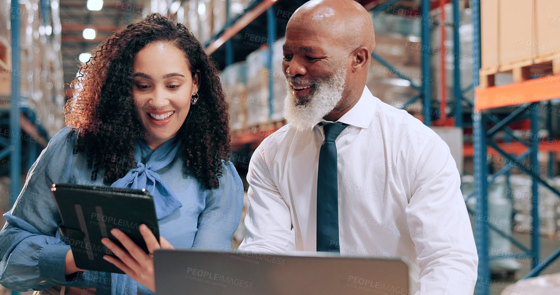 Buy stock photo Distribution, smile and people in warehouse, tablet and online schedule for inventory management. Employees, logistics and meeting with supply chain, cooperation and tech for email or quality control