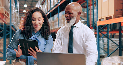 Buy stock photo Distribution, people or teamwork in warehouse, tablet or online schedule for supply chain. Employees, logistics or meeting with smile, stock or tech for email, quality control or inventory management