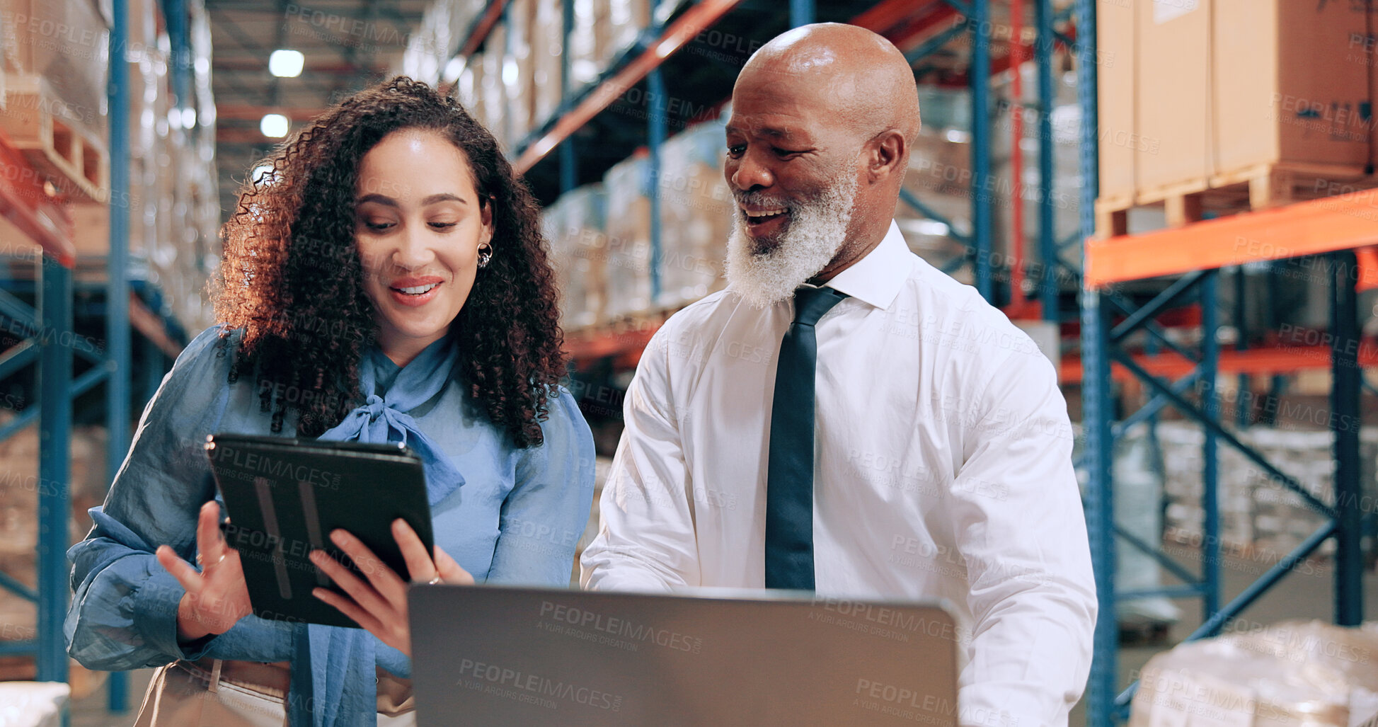 Buy stock photo Distribution, people or teamwork in warehouse, tablet or online schedule for supply chain. Employees, logistics or meeting with smile, stock or tech for email, quality control or inventory management