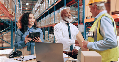 Buy stock photo Business people, document and handshake in warehouse for logistics, meeting for supply chain collaboration. Import team, tech or shaking hands in storage for export deal, service agreement or welcome