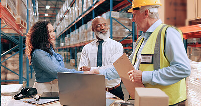 Buy stock photo Business people, document and shaking hands in warehouse for logistics, meeting for supply chain collaboration. Import team, tech or handshake in storage for export deal, service agreement or welcome