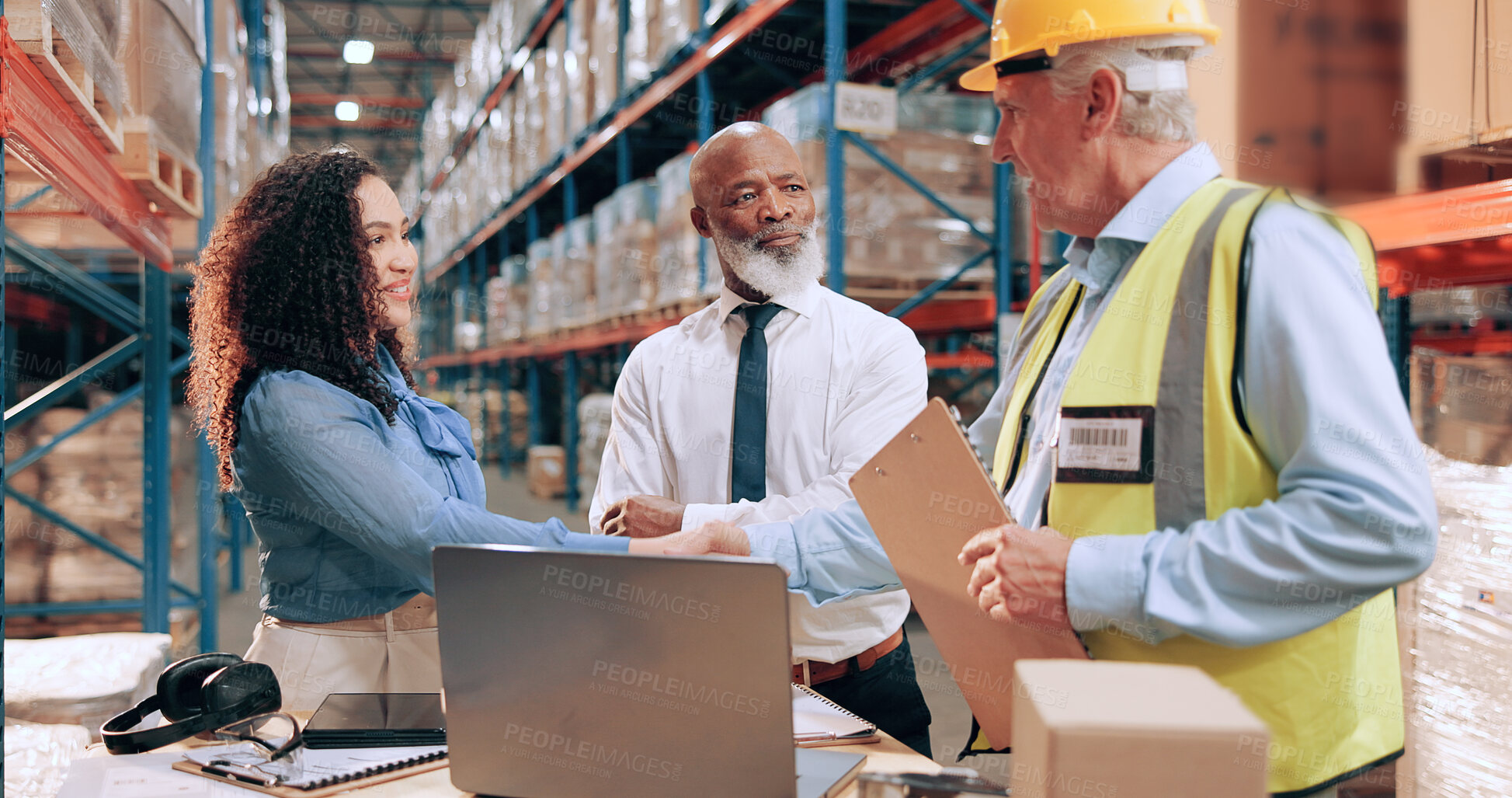Buy stock photo Business people, document and shaking hands in warehouse for logistics, meeting for supply chain collaboration. Import team, tech or handshake in storage for export deal, service agreement or welcome
