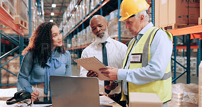 Buy stock photo Supply chain, people and documents in warehouse, laptop and online schedule for stock distribution. Employees, logistics and meeting with pc, inventory or tablet for email, operations manager or talk