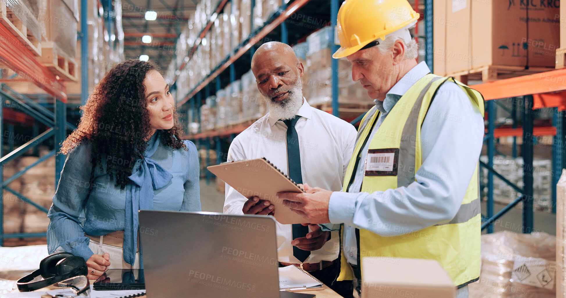 Buy stock photo Supply chain, people and documents in warehouse, laptop and online schedule for stock distribution. Employees, logistics and meeting with pc, inventory or tablet for email, operations manager or talk