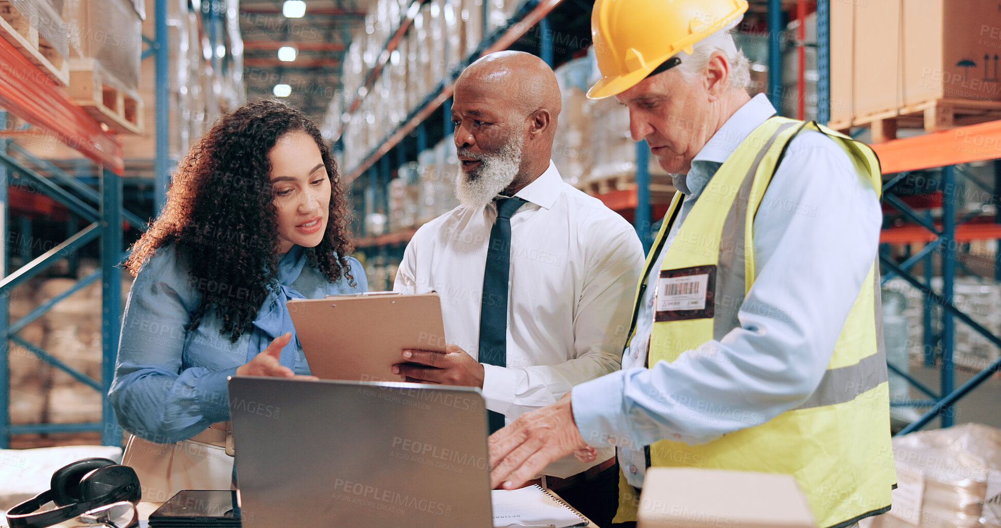 Buy stock photo Distribution, people and document in warehouse, laptop and online schedule for stock inventory. Employees, supply chain and meeting with paperwork, cooperation or pc for email, logistics or checklist