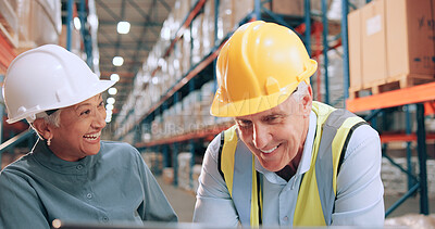 Buy stock photo Mature man, woman and computer for logistics, warehouse and excited for stats, distribution or inventory management. People, team and pc with discussion, review or results at industrial storage plant