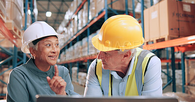 Buy stock photo Mature man, woman and computer for shipping, warehouse and excited for stats, distribution or inventory management. People, team and pc with talk, logistics and results at industrial storage plant
