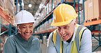 Mature man, woman and happy with shipping, warehouse and excited for stats, distribution or inventory management. People, team and smile with review, logistics or results at industrial storage plant