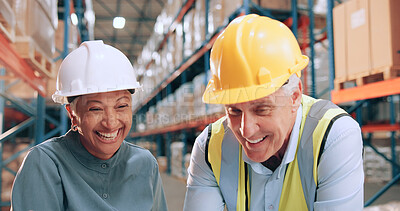 Buy stock photo Mature man, woman and happy with shipping, warehouse and excited for stats, distribution or inventory management. People, team and smile with review, logistics or results at industrial storage plant
