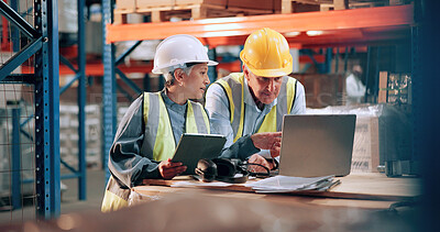 Buy stock photo Supply chain, people and planning in warehouse, laptop or online schedule for distribution. Employees, cooperation or meeting with safety, stock or tablet for email, inventory management or checklist