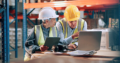 Buy stock photo Distribution, people and cooperation in warehouse, laptop and online schedule for inventory. Employees, logistics and meeting with supply chain, stock or tablet for email, planning and conversation
