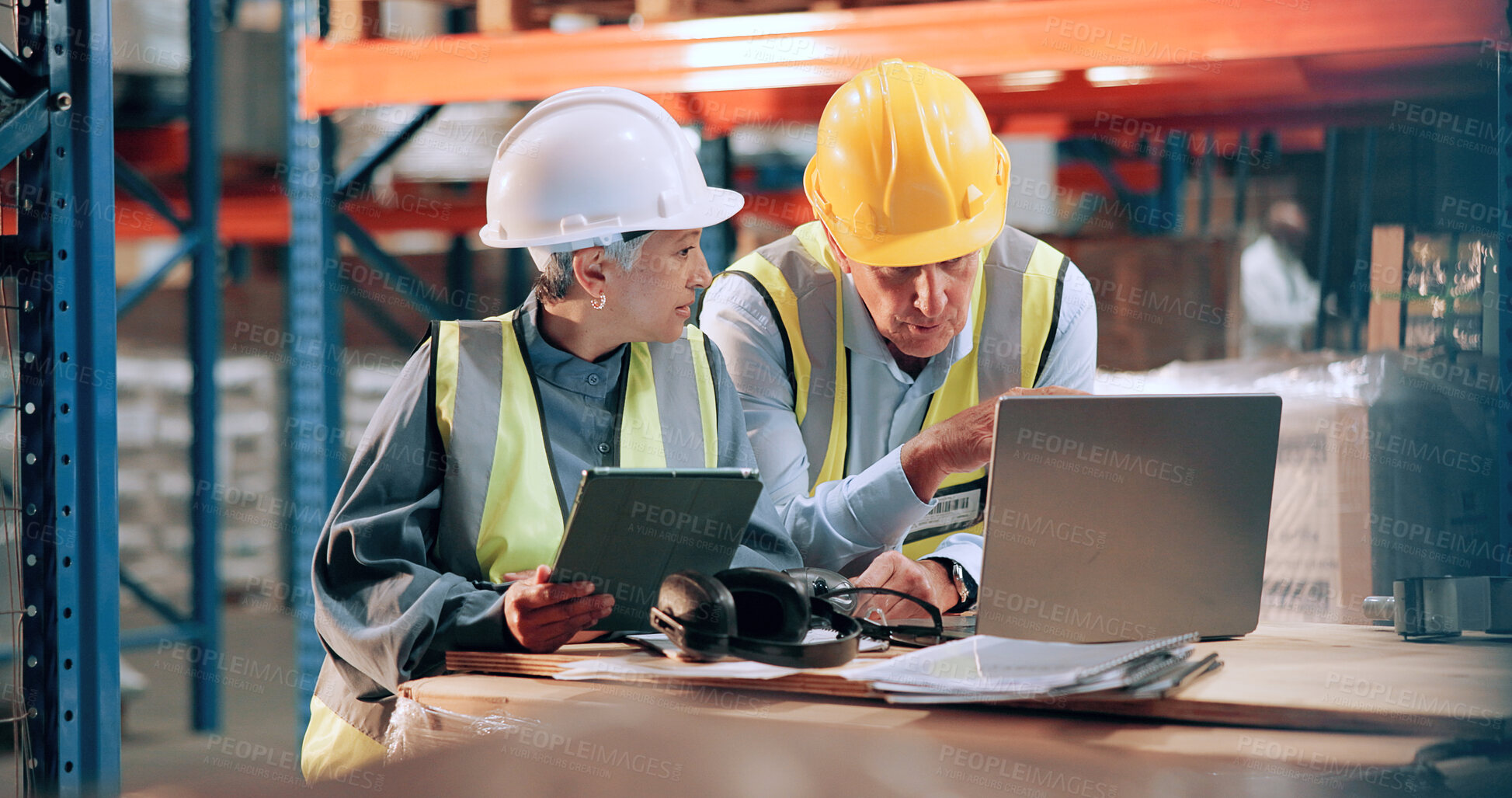 Buy stock photo Distribution, people and cooperation in warehouse, laptop and online schedule for inventory. Employees, logistics and meeting with supply chain, stock or tablet for email, planning and conversation