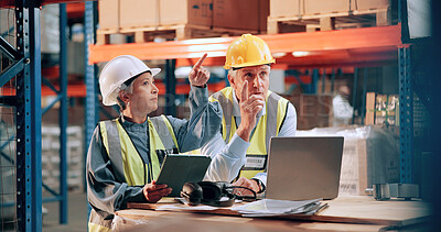 Buy stock photo Distribution, people and pointing in warehouse, laptop and inventory management with quality control. Employees, supply chain and meeting with stock, industry or tablet with conversation and teamwork